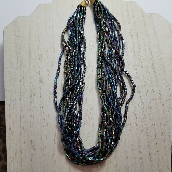 16" Multi Strand Seed Bead Statement Choker Necklace Black Iridescent - Picture 8 of 9